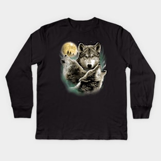 Three Wolves Howling in Moonlight Kids Long Sleeve T-Shirt